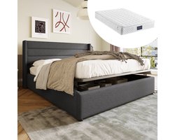 Hydraulisch opbergbed 160x200 cm - Grijze wol - Met matras - 7 ondersteuningszones - Veilige OEKO-TEX materialen - Hoogtepunt hoofdeinde - Royale opbergruimte - Stabiel frame - Maximale draagvermogen 199 kg
