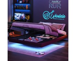Hydraulisch opbergbed 160x200 cm, zwart bedframe zonder hoofdbord, met LED-verlichting onder bed