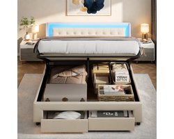 Hydraulisch Opbergbed 180x200 cm – Tweepersoons Fluwelen Bed met LED & 2 Lades, Gasveer Opbergfunctie, Beige
