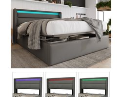 Hydraulisch opbergbed met LED verlichtingsstrip, tweepersoonsbed bedframe gestoffeerd bed 160x200cm, functioneel bed, grijs (met afstandsbediening)