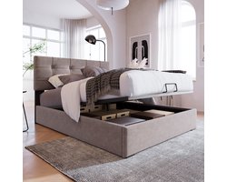 Hydraulisch Polsterbed 90x200 cm - Verstelbaar hoofdeinde - Metalen frame met lattenbodem - Opbergruimte - Zijde lichtgrijs modern