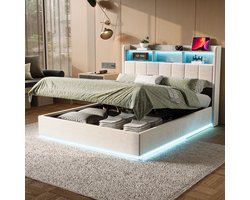 Hydraulisch Tweepersoons Opbergbed 160x200 cm Wit Fluweel met LED, USB en Bedhoofdopslag