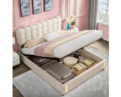 Hydraulisch Tweepersoonsbed 140x200cm met Opbergruimte, LED Bedlamp en Beige Fluwelen Bekleding