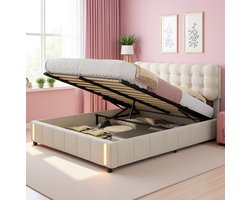 Hydraulisch Tweepersoonsbed 160x200cm met Opbergruimte, LED Bedlamp en Beige Fluwelen Bekleding