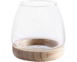 Hydrocultuurvaas Houten Standaard - Glazen Vaas Aquarium - Planten Decoreren - Handgeblazen Glas - 18x17x17 cm - Helder