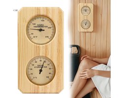 Hygrometer – Mechanische hygrometer – Hygrometer met dubbel display – Wandmontage – Geeft temperatuur en luchtvochtigheid tegelijk weer – Geschikt voor sauna's en binnengebruik – 0℃～120℃ – 25,5*13,5 cm – Hout