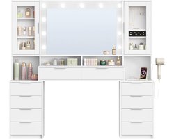 Hzuaneri 150 cm Kaptafel Van met Ledverlichting, Stekkerdoos, Kaptafel met 11 Ledlampen, Driekleurige Lichtregeling, 10 Lades, Sieradenopbergruimte, 40 x 150 x 145 cm, Wit-Zilver