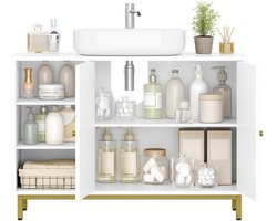 Hzuaneri Badkamer Opbergkast, Wastafel Kast met Open Planchet en 2 Deuren, Verstelbare Planchet, Vrijstaand, voor Badkamer, Woonkamer, Hal, Keuken, Wit