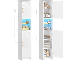 Hzuaneri Badkamerkast met ledverlichting, badkamerkast met 2 deuren ,Hoge bijzetkast met verstelbare plank, open vakken, badkamer, woonkamer, 30 x 30 x 170 cm, wit