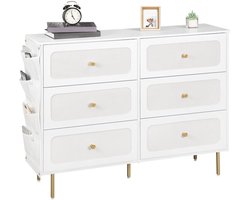 Hzuaneri Commode 110cm, kast met 6 stoffen laden, multifunctioneel dressoir met stoffen tas, metalen frame, 30 x 110 x 85 cm, voor woonkamer en slaapkamer, modern, Wit-Goud