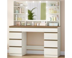Hzuaneri Grote kaptafel met LED-verlichting, witbruin, kaptafel met spiegel, 10 LED-lichtbollen, 3 kleuren, instelbare helderheid, 9 lades, 9 open schappen,40 x 108 x 140 cm