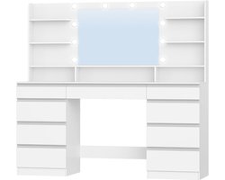 Hzuaneri Grote make-uptafel met verstelbare ledverlichting, 10 ledlampen, 3 kleuren, helderheid instelbaar, make-uptafel met grote spiegel, 9 laden, 9 open vakken, 40 x 150 x 140 cm,Wit-Zilver