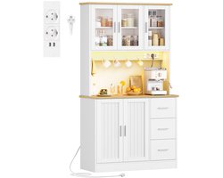 Hzuaneri Hoge Keukenkast, met Stopcontact en Ledstrips, 40 x 100 x 180 cm, Rek met 6 Niveaus achter de Deur, 5 Deuren en 3 Laden, voor Keuken of Woonkamer, Wit