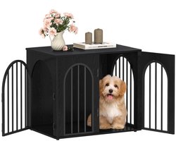 Hzuaneri Hondenbench Meubel, 68 cm Hondenbox voor Thuis, 3 Deuren, Boogdeur, Moderne Hondenbox Indoor voor Honden, Bijzettafel, Hondenbench Hoogbelastbaar, 68 x 49 x 56 cm, Zwart