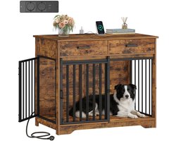 Hzuaneri Hondenkennel Meubel met Stekkerdoos, Hondenbench met Schuifdeur & 2 Laden, Houten Hondenbench voor Middel/Grote Honden, 97 x 56 x 81 cm, Vintage Bruin