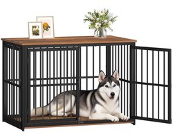 Hzuaneri Houten Hondenbench Meubel, 100 x 60 x 70 cm, Bruin en Zwart,3 Deuren en Verstelbare Zijdeur, Hondenbench Voor Binnen