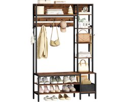 Hzuaneri Kapstok met Schoenenbank, Kapstok, Hall Tree, 1 Stoffen Mand, 15 Haken, 8 Open Opbergvakken, voor Gangen en Woonkamers, 40 x 120 x 190,5 cm, Bruin en Zwart, Garderobe, 1 stoffen mand, 8 open vakken, voor entree, woonkamer, slaapkamer