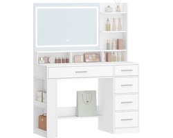 Hzuaneri Kaptafel met Grote Hd-Spiegel, Kaptafel met Led-Licht, 6 Open Compartimenten, 5 Lades En Open Opbergruimte Aan De Zijkant, Slaapkamerkleedkamer, Eenvoudig, 40 x 108 x 138 cm, Wit