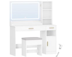 Hzuaneri Kaptafel met Kruk, Kaptafel met Grote LED Spiegel, met 3 Kleuren Ledverlichting, Make-up Bureau, 2 Laden, 4 Compartimenten en 1 Kast, 40 x 108 x 141 cm, Wit
