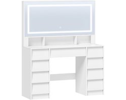Hzuaneri Kaptafel met spiegel, grote make-uptafel met ledverlichting en stopcontact, 9 lades en 3 open schappen, moderne stijl, wit, 40 × 108 × 139 cm
