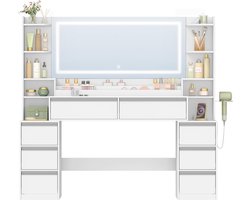 Hzuaneri Kaptafel van 149 cm met spiegel en stopcontacten, wit-zilver Make-uptafel met 3 dimbare ledlampen, föhnhouder, 8 lades en open schappen, 40 x 149 x 140 cm
