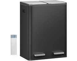 Hzuaneri Keukenafvalbak, 2 x 30 L, Afvalscheidingsbak met 2 vakken (totaal 60 L), Roestvrij staal, Pedaalemmer met soft-close deksel, Inclusief 15 bijbehorende afvalzakken, Zwart