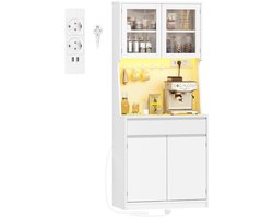 Hzuaneri Keukenkast, Buffetkast, Met Stopcontacten En LED-Lichtstrip, Hoge Kast Met Werkblad En 4 Opbergvakken, Keuken, Woonkamer, 40 x 75 x 180 cm, Wit
