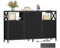 Hzuaneri Ladekast, Opbergkast Van Stof Met 8 Lades, Inclusief USB-Aansluiting En Open Vak, Multifunctionele Opbergoplossing Voor Woon- En Slaapkamer, 30 x 140 x 86 cm, Zwart