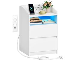 Hzuaneri Nachtkastje, bijzettafel met 2 lades, 2 stopcontacten, 2 USB-A-poorten, ledverlichting, open schap, modern, slaapkamer, woonkamer, 35 x 40 x 58 cm, wit