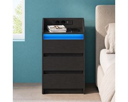 Hzuaneri Nachtkastje met 3 laden, bijzettafel met oplaadstation en LED, 2 AC-stopcontacten en 2 USB-poorten voor slaapkamer, woonkamer, Zwart
