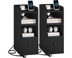 Hzuaneri Nachtkastje Set van 2 met Oplaadstation, USB & Type C Poort, Smalle Eindtafel, 3 Tiers Opbergruimte met 1 Lade, Ruimtebesparend, voor Slaapkamer, Woonkamer, Thuiskantoor, Zwart