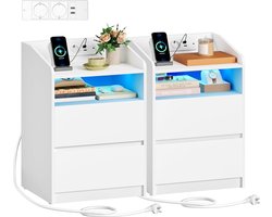 Hzuaneri Nachtkastjes (set van 2), bijzettafel met 2 lades, 2 stopcontacten, 2 USB-A-poorten, ledverlichting, open schap, modern, voor slaapkamer en woonkamer, 35 x 40 x 58 cm, wit