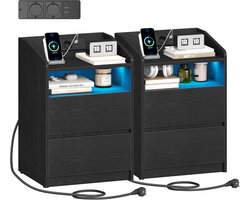 Hzuaneri Nachtkastjesset (2 stuks), bijzettafel met 2 lades, 2 stopcontacten, 2 USB-A-poorten, ledverlichting, open vak, modern, voor slaapkamer en woonkamer, 35 x 40 x 58 cm, zwart