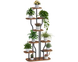Hzuaneri Plantenstandaard met groeilamp – 9-laagse bloemenstandaard (124 cm), plantenrek van metaal en hout, gebogen plantentrap voor binnen, woonkamer en balkon – vintage bruin