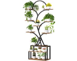 Hzuaneri Plantenstandaard met groeilicht, metalen houten plantenrek met 10 etages en 3 leds, geschikt voor woonkamer, binnen en buiten, tuin en balkon, 168 cm, vintage bruin