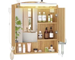 Hzuaneri Spiegelkast badkamer met verlichting, wandkast, Badkamerkast met spiegel, verstelbaar. Plank, haardrogerhouder en haken, licht eiken, 16,5 x 60 x 68,5 cm