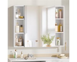 Hzuaneri Spiegelkast, badkamerspiegelkast, wandkast, hangkast met spiegeldeuren en open vak, verstelbare plank, flexibel te monteren, 16,5 x 80 x 65 cm, wit