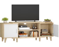 Hzuaneri tv-meubel, 140 x 40 x 51,5 cm, wit eikenhouten afwerking, voor tv's kleiner dan 65 inch, tv-standaard met 2 kastjes en 2 open planken, voor woonkamer, slaapkamer, eetkamer.