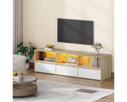 Hzuaneri tv-meubel met RGB led-verlichting, 143,5 cm lang, wit eikenhouten afwerking, tv-meubel voor televisies tot 65 inch, laag meubel met 3 lades en 3 open vakken voor woonkamer en slaapkamer.