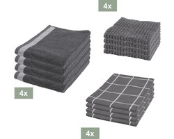 I2T Keukenset - 4x Keukendoek + 4x Theedoek + 4x vaatdoek - Donker grijs