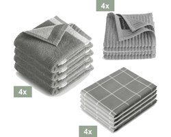 I2T Keukenset - 4x Keukendoek + 4x Theedoek + 4x vaatdoek - Grijs