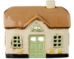 Ib Laursen - Keramieken Huisje Ebeltoft - Beige met groene ramen - Waxinelichthouder
