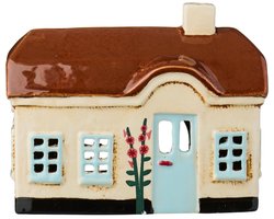 Ib laursen - Keramieken Huisje Ebeltoft - Beige met Stokrozen - Waxinelichthouder
