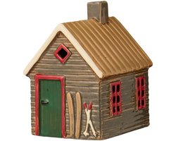 Ib Laursen - Keramieken Huisje - Houten Skilodge - Waxinelichthouder - Bruin