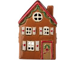 Ib laursen - Keramieken Huisje - Kerst - Bruin met Kerstkrans - Waxinelichthouder