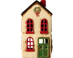 Ib Laursen - Keramieken huisje / kersthuisje - Wit met groene deur en kerstkrans - waxinelichthouder