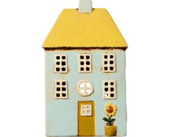 Ib Laursen - Keramieken Huisje - Lichtblauw met geel dak en zonnebloem - Waxinelichthouder