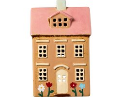 Ib Laursen - Keramieken huisje - Lichtbruin met bloemetjes, roze dak - Waxinelichthouder