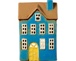 Ib Laursen - Keramieken Huisje Nyhavn - Blauw met gele deur - Waxinelichthouder