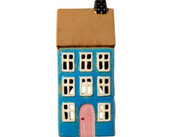 Ib Laursen - Keramieken Huisje - Nyhavn - Blauw met roze deur- Waxinelichthouder